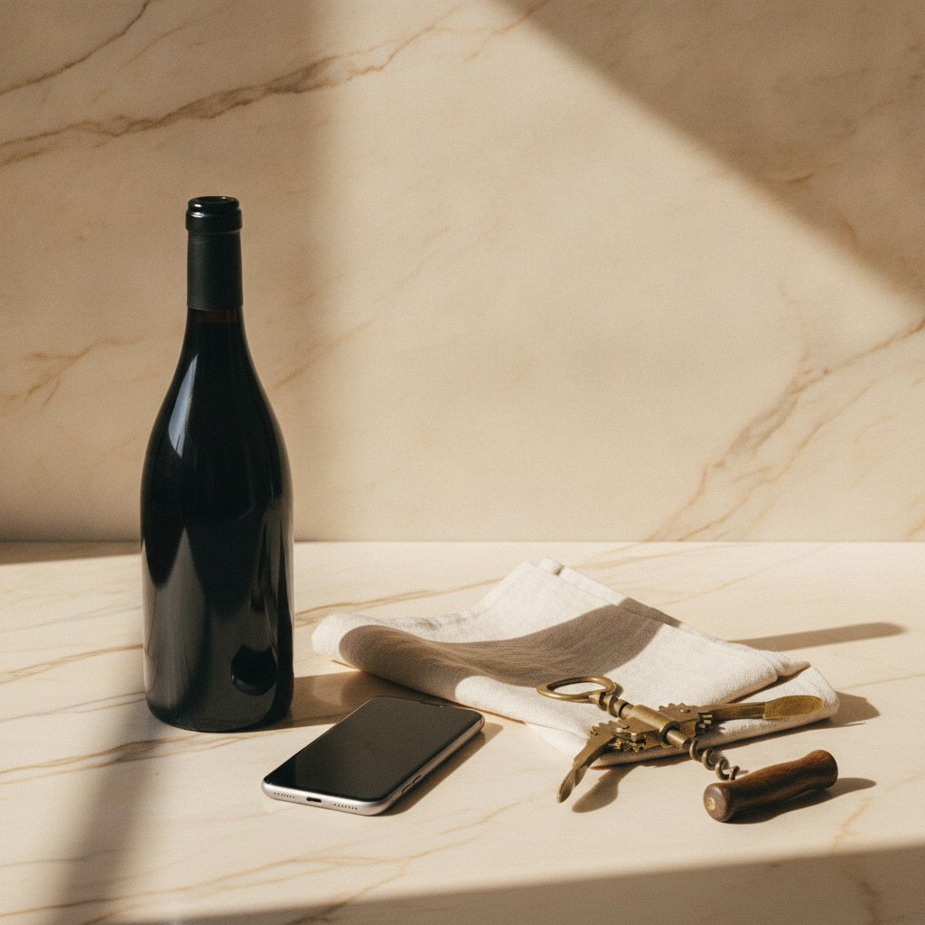 A dark wine bottle beside a phone, linen and a brass corkscrew on warm marble in raking light